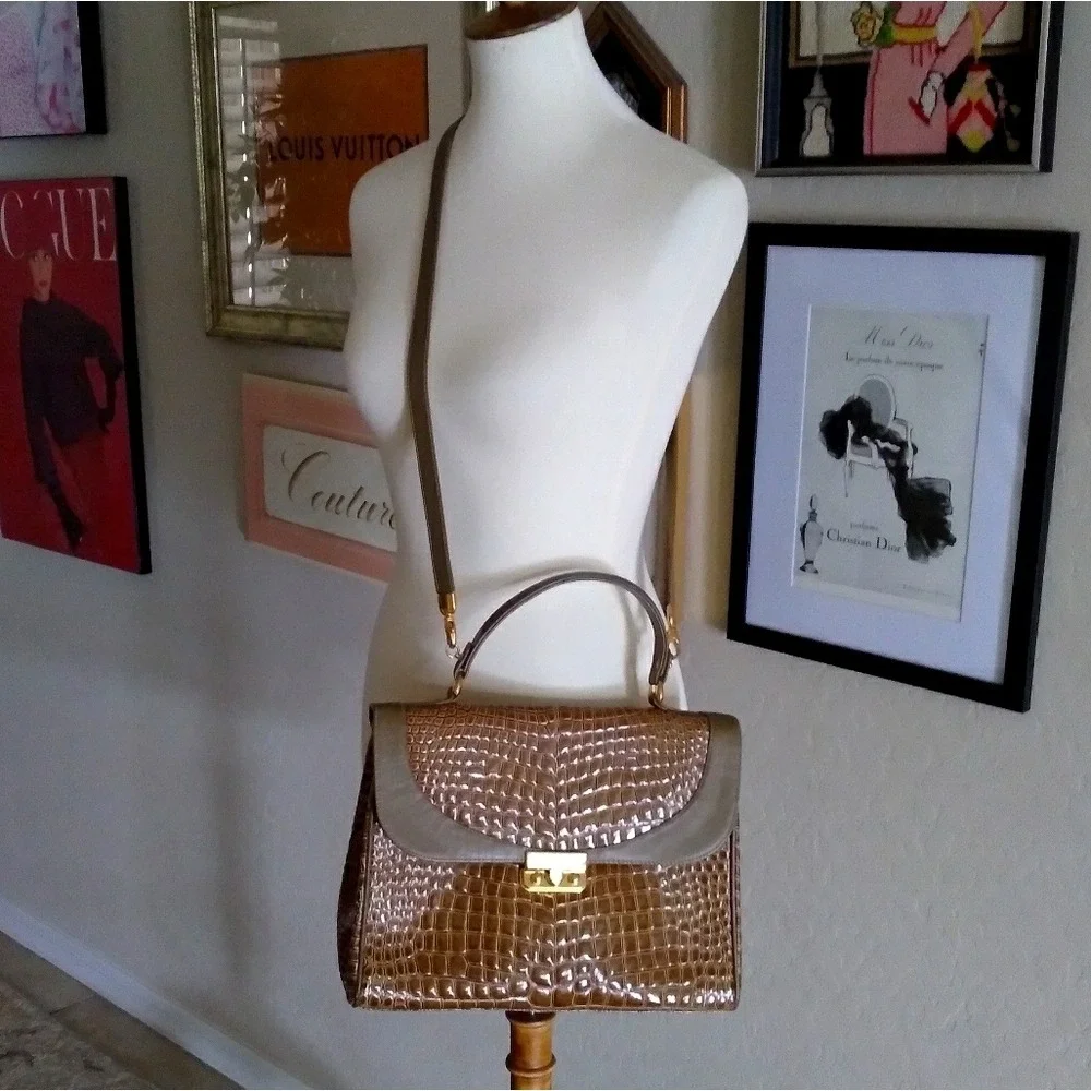 Due Fratelli Taupe Crocodile Embossed Leather‎ Top Handle Bag Made in Canada
